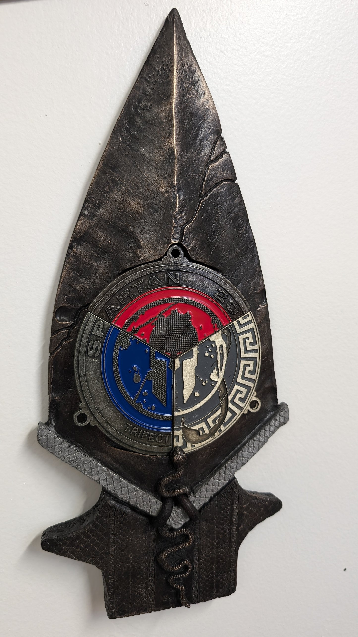 Spartan Race Spear 2024 SNAKE DESIGN Spartan Trifecta Medal display with real leather, an intricate snake, and snake scales and DR skulls