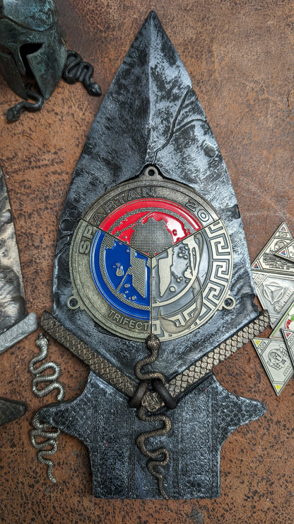 Spartan Race Spear 2024 SNAKE DESIGN Spartan Trifecta Medal display with real leather, an intricate snake, and snake scales and DR skulls