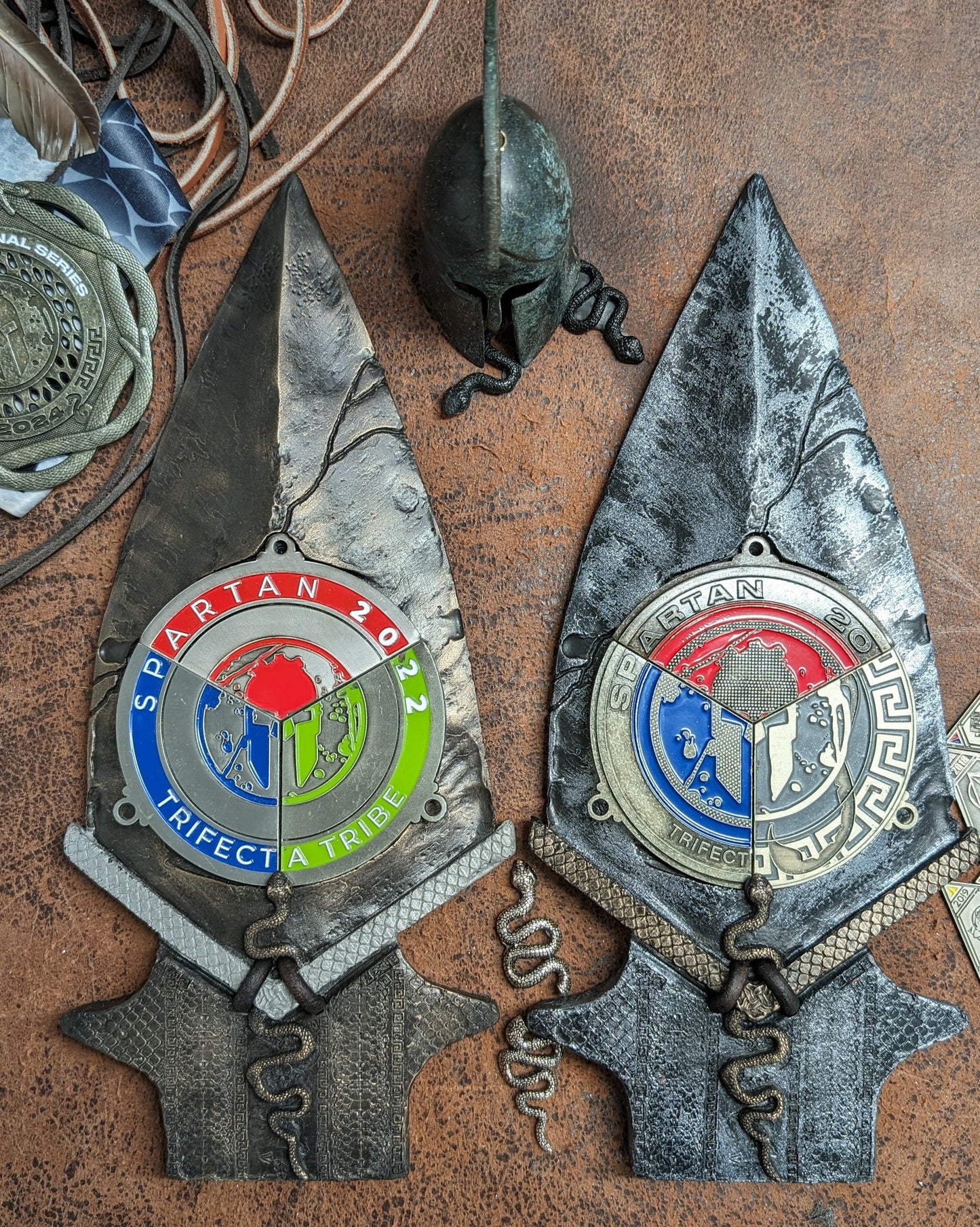 Spartan Race Spear 2024 SNAKE DESIGN Spartan Trifecta Medal display with real leather, an intricate snake, and snake scales and DR skulls