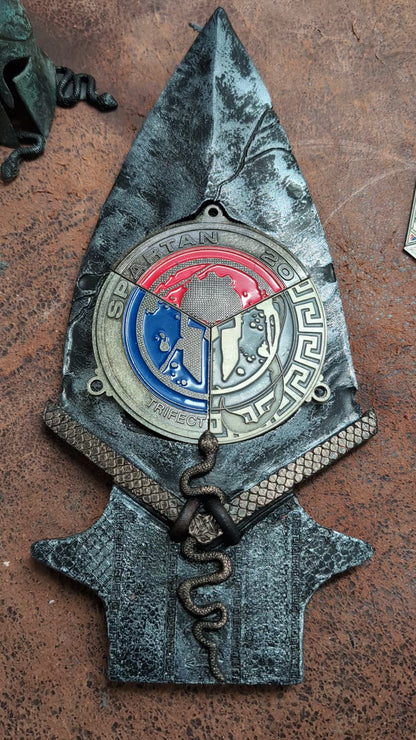 Spartan Race Spear 2024 SNAKE DESIGN Spartan Trifecta Medal display with real leather, an intricate snake, and snake scales and DR skulls