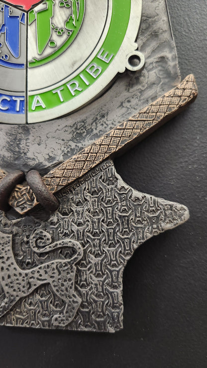 Spartan Race Spear 2023 Leopard design Spartan Trifecta Medal display with real leather and an intricate design